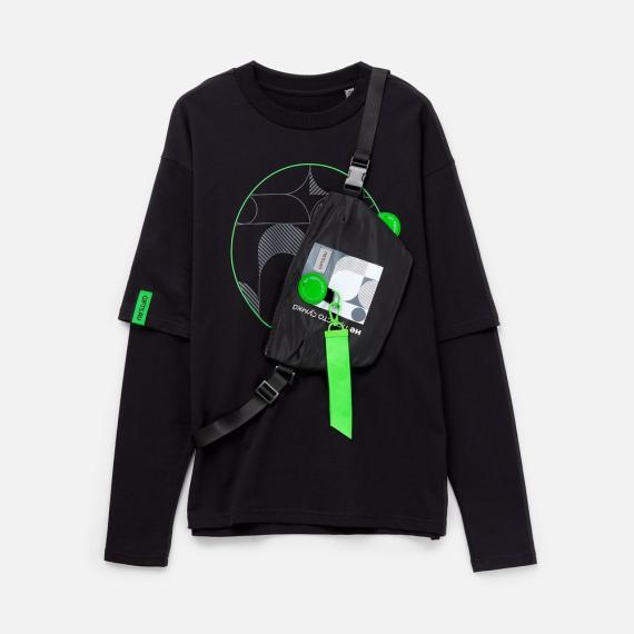 Футболка оверсайз с двойным рукавом Kosmos, черная, размер M/L